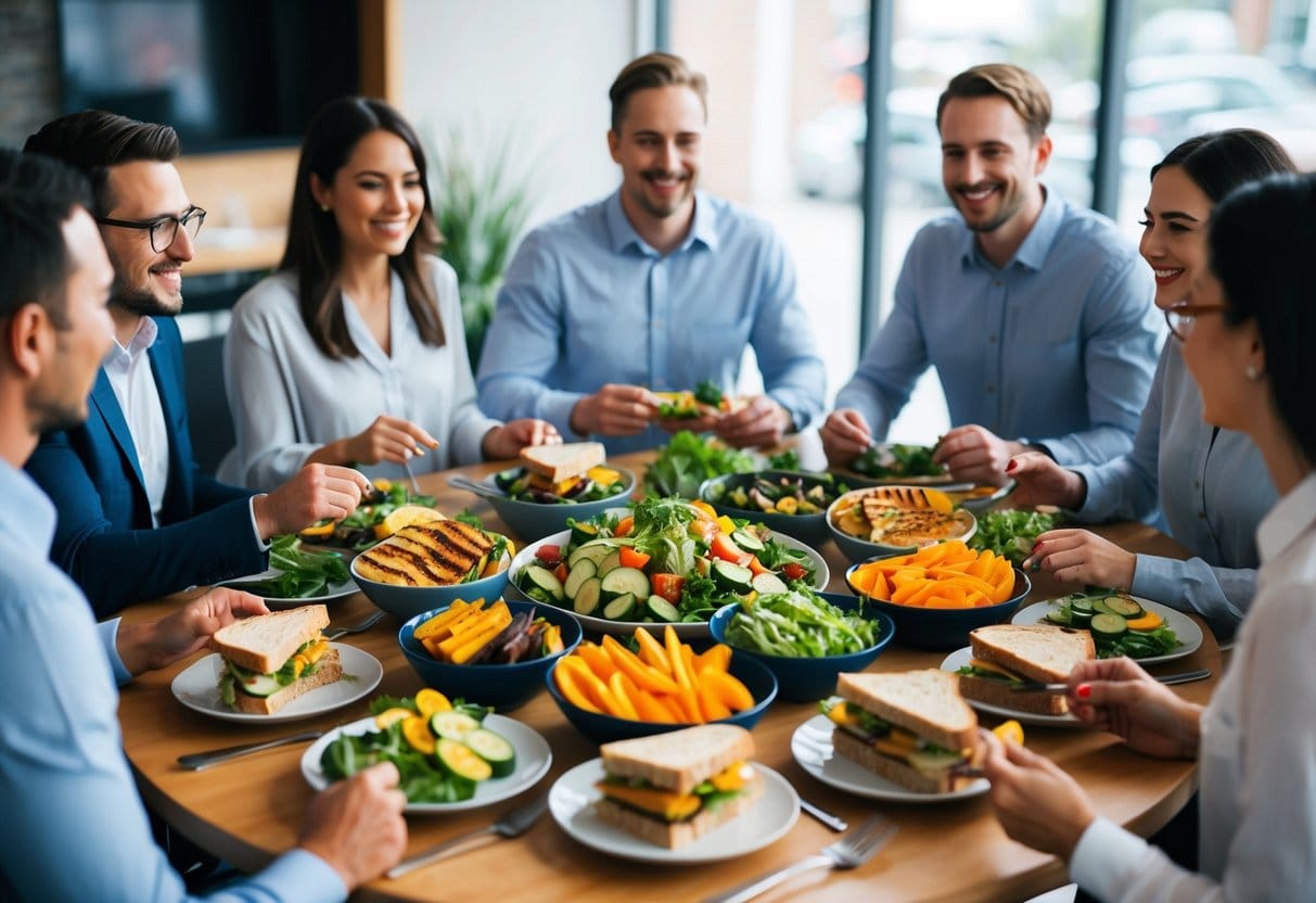 En gruppe kolleger samles omkring et fælles bord og nyder et farverigt udvalg af friske salater grillede grøntsager og fuldkornssandwiches til en sund og lækker frokost på arbejdspladsen